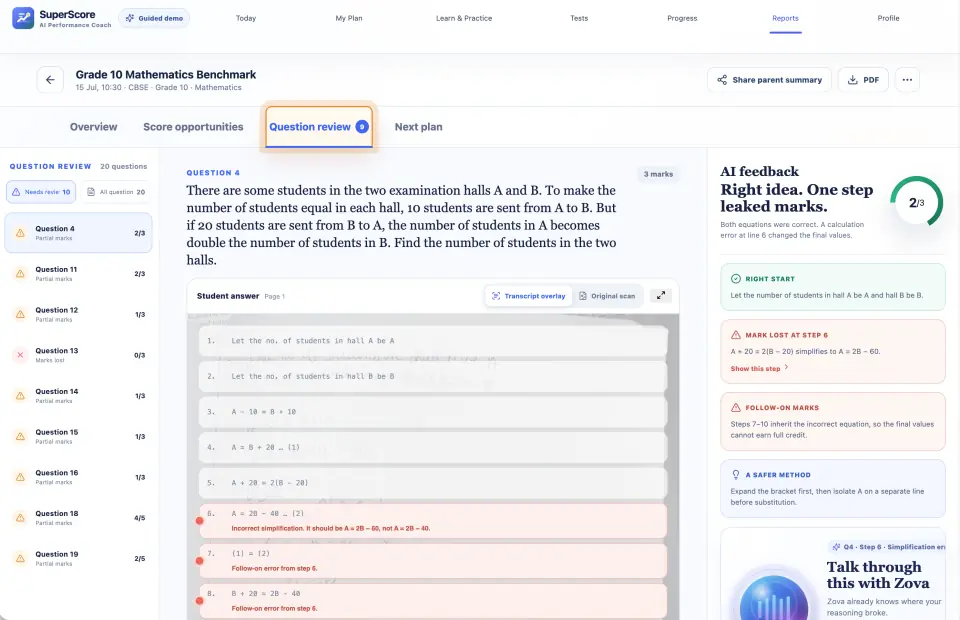 SuperScore guided demo highlighting the incorrect step and offering an explanation through Zova