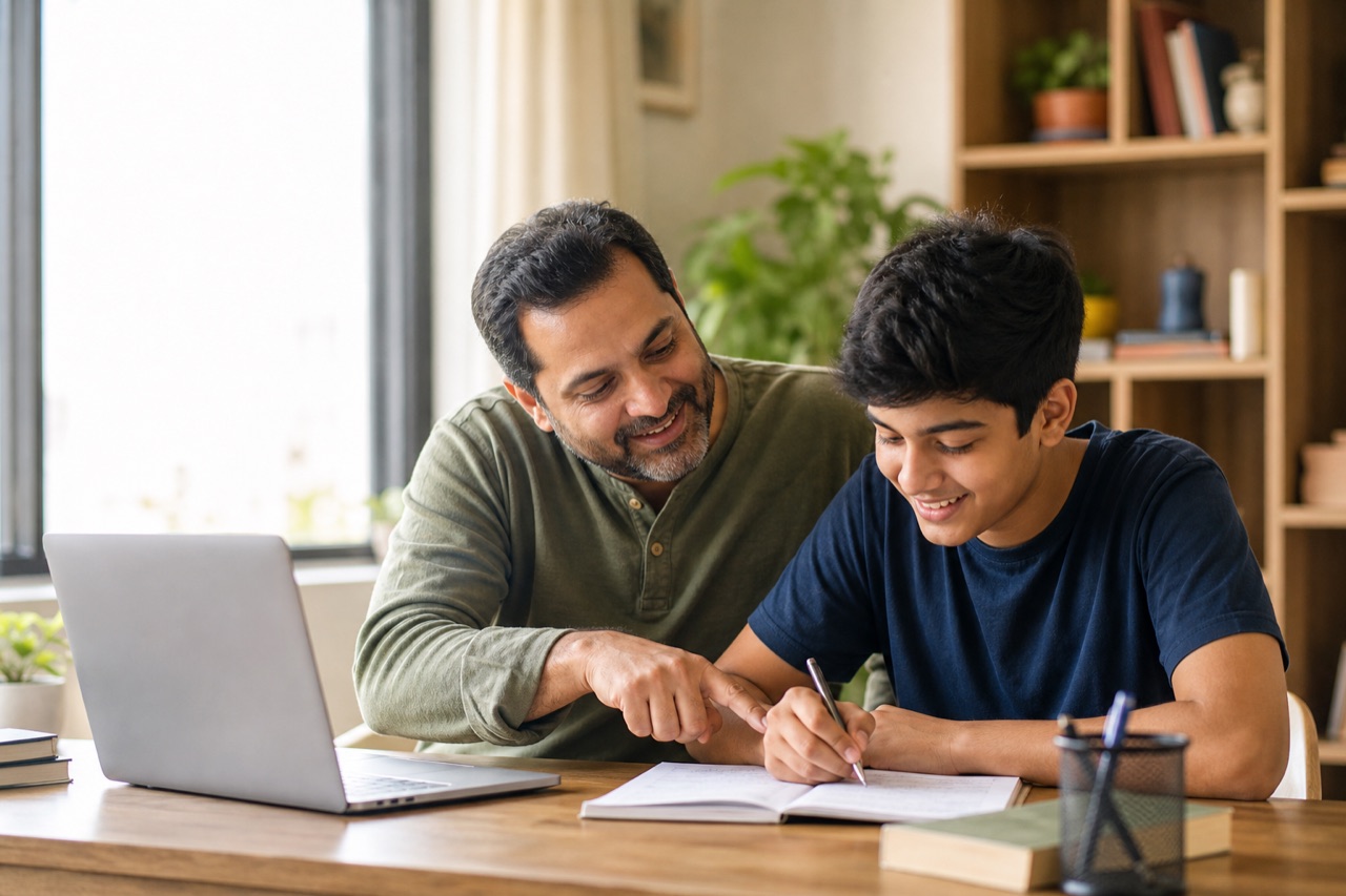 An Indian father helping his teenage son study maths at home