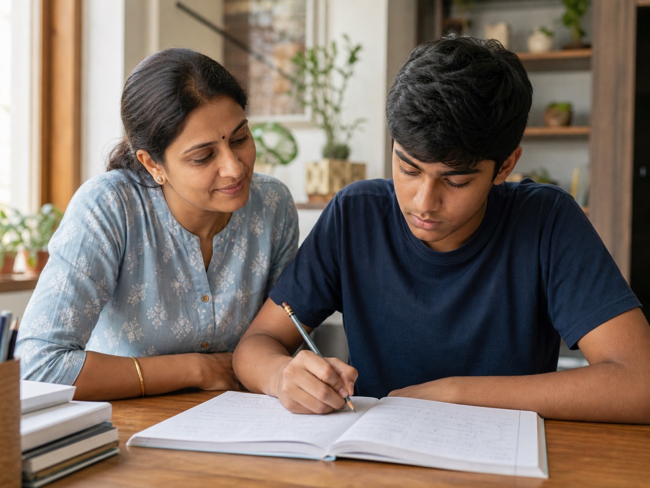 A mother supporting her son as he works through a maths exercise